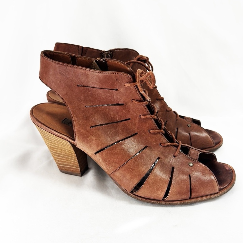 PAUL GREEN Cosmo Leather Slingback Sandals Block Heels Lace Up Size 7.5